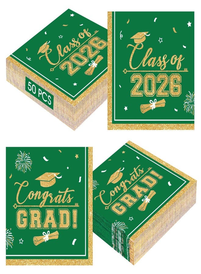 PERFQU 50 Pcs Graduation Napkins Class of 2026 - Green Gold Congrats Grad Napkins Set, 3-Ply Disposable Graduation Luncheon Dinner Party Paper Napkins for Graduations Party Supplies Table Decoration - Image 1